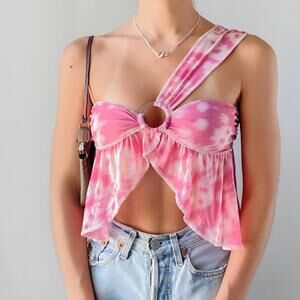 NWT Urban Outfitters Rhodes pink floral asymmetric mesh one shoulder top medium